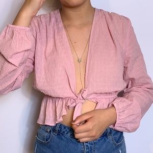 The Clothing Company Pink Swiss Dot Tie Front Top sz S